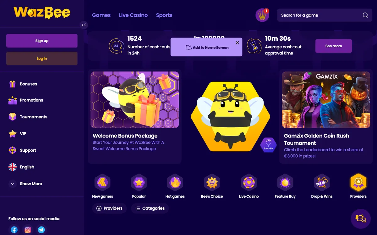 Wazbee Casino — «Главная», снято из страны Норвегия