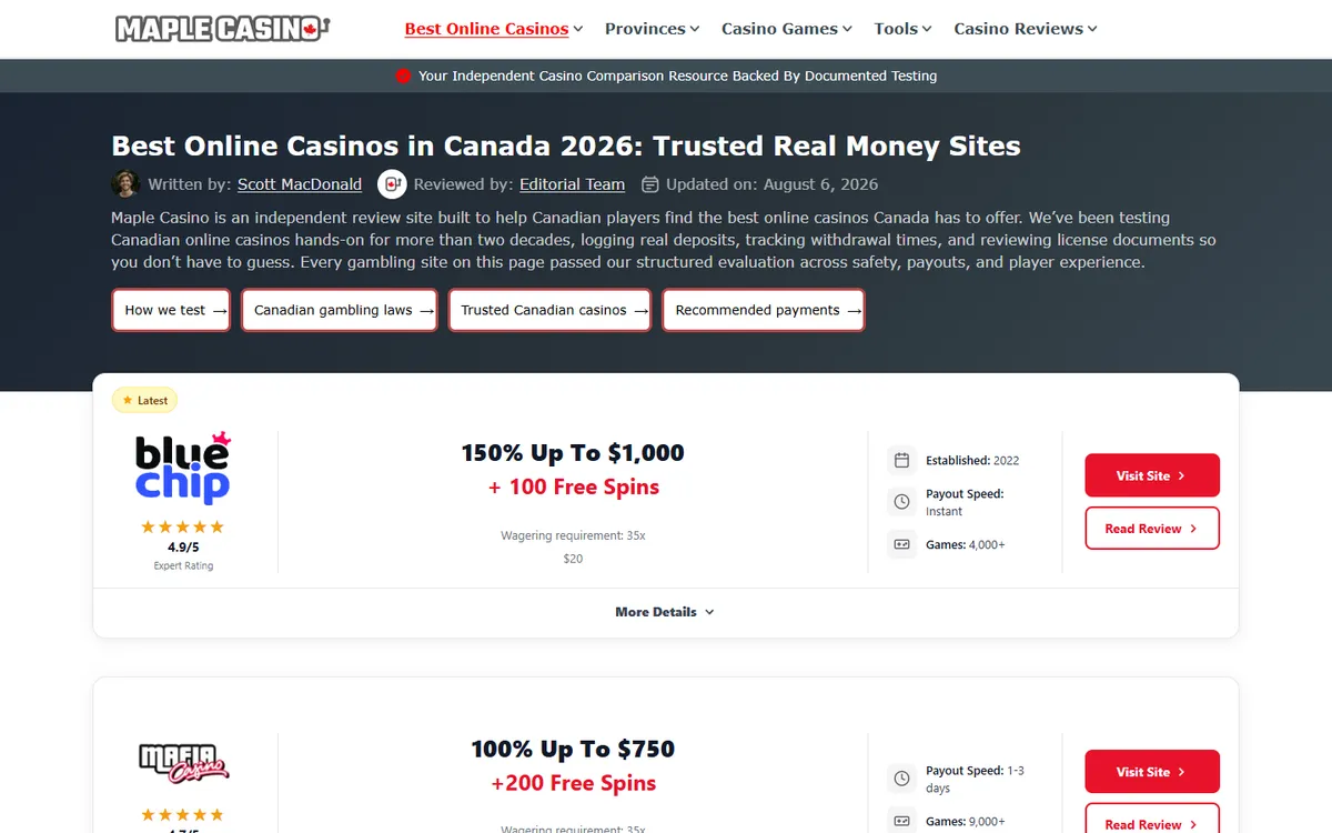 Maple Casino — «Главная», снято из страны Канада