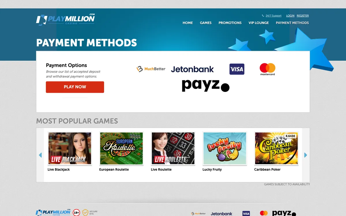 Play Million Casino — Payments, captured from United Arab Emirates