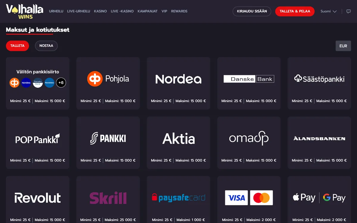 Valhalla Wins Casino — «Платежи», снято из страны Финляндия