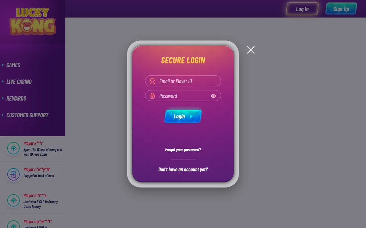 LuckyKong Casino — «Регистрация», снято из страны Австрия
