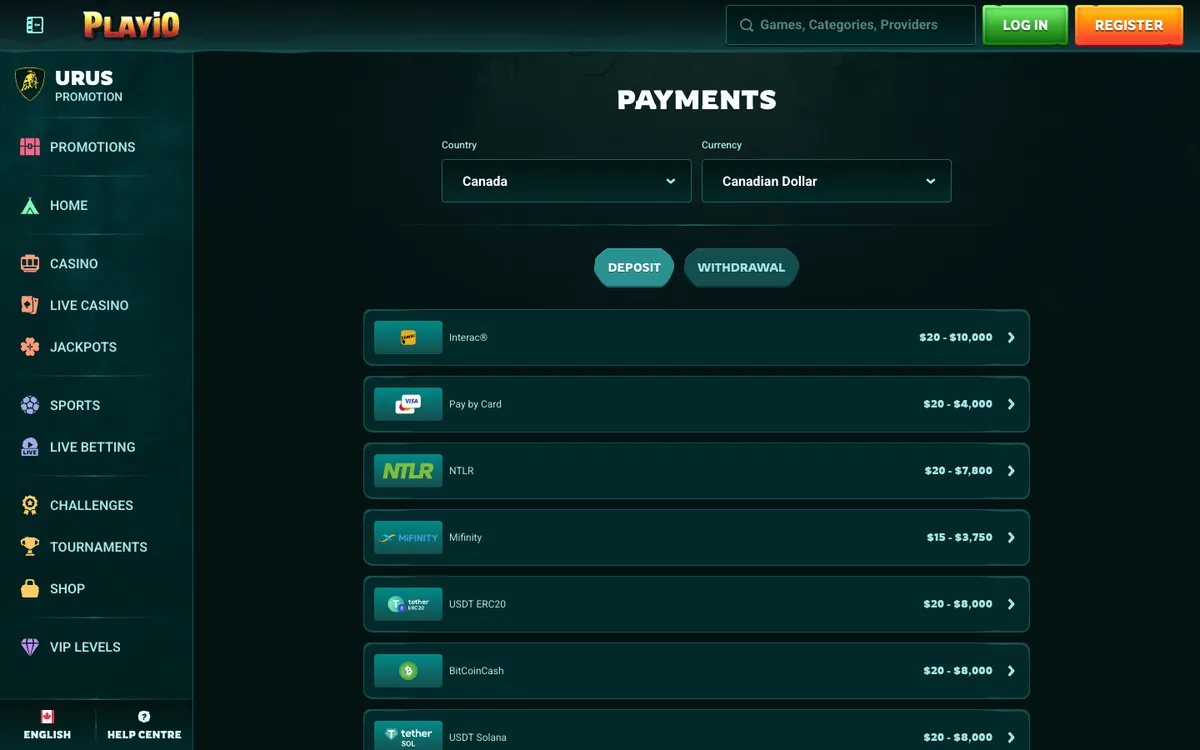 Playio Casino — Payments, captured from Canada
