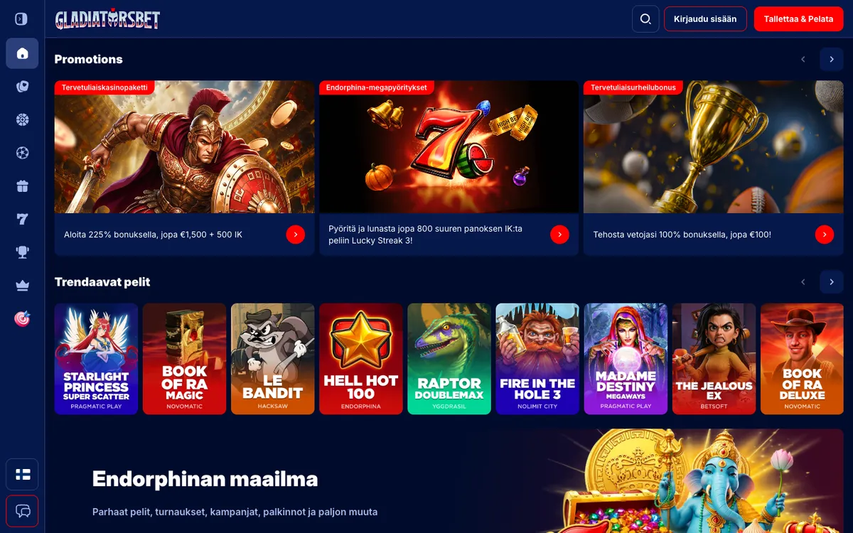 GladiatorsBet Casino — Home page, captured from Finland