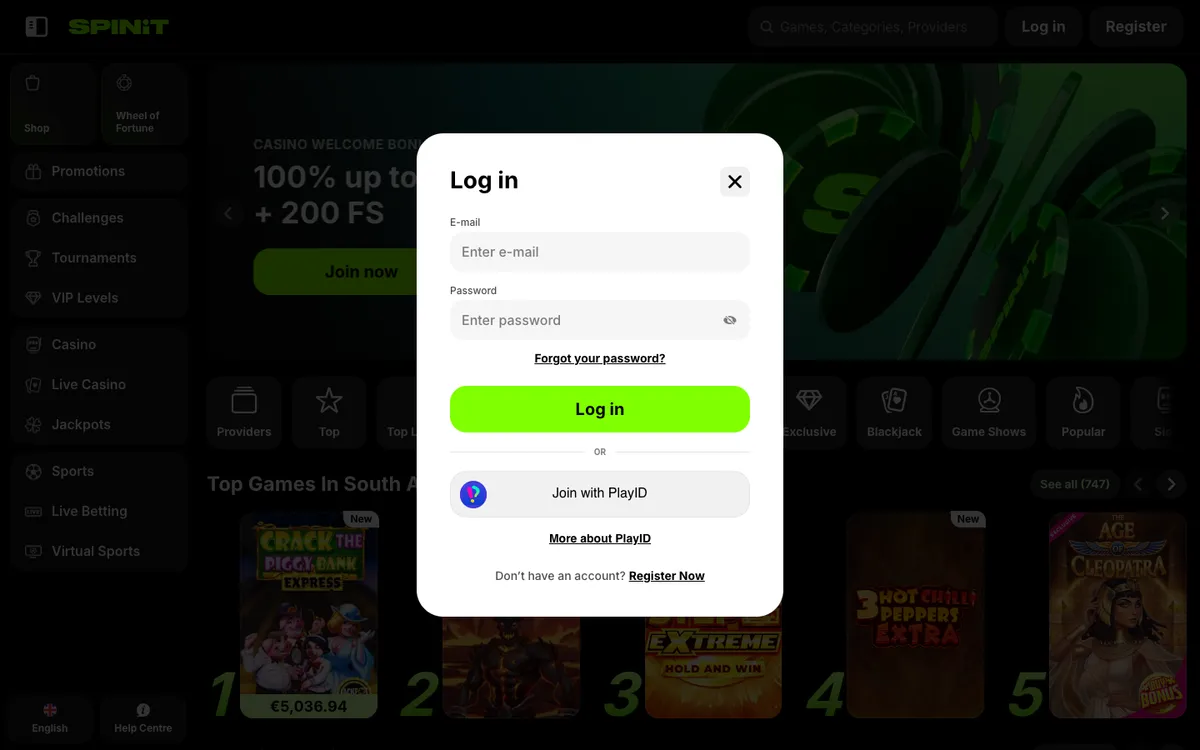 Spinit Casino — «Регистрация», снято из страны Южно-Африканская Республика
