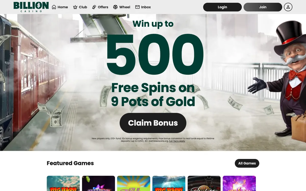 Billion Casino — Home page, captured from Norway