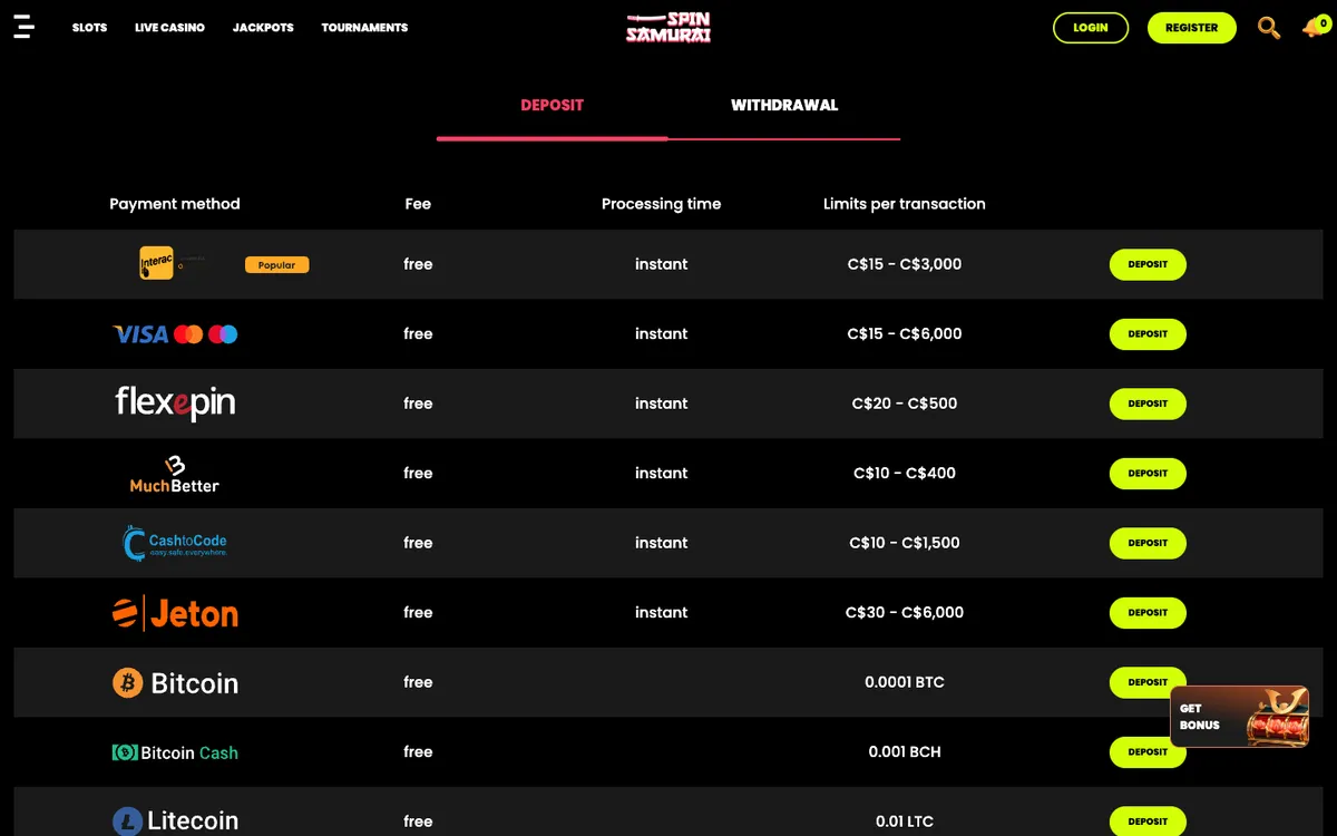 Spin Samurai Casino — Payments, captured from Canada