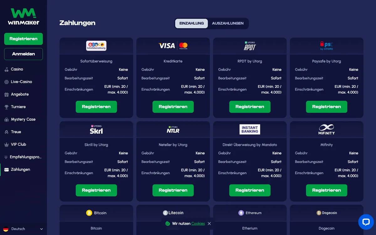 Winmaker Casino — Payments, captured from Germany