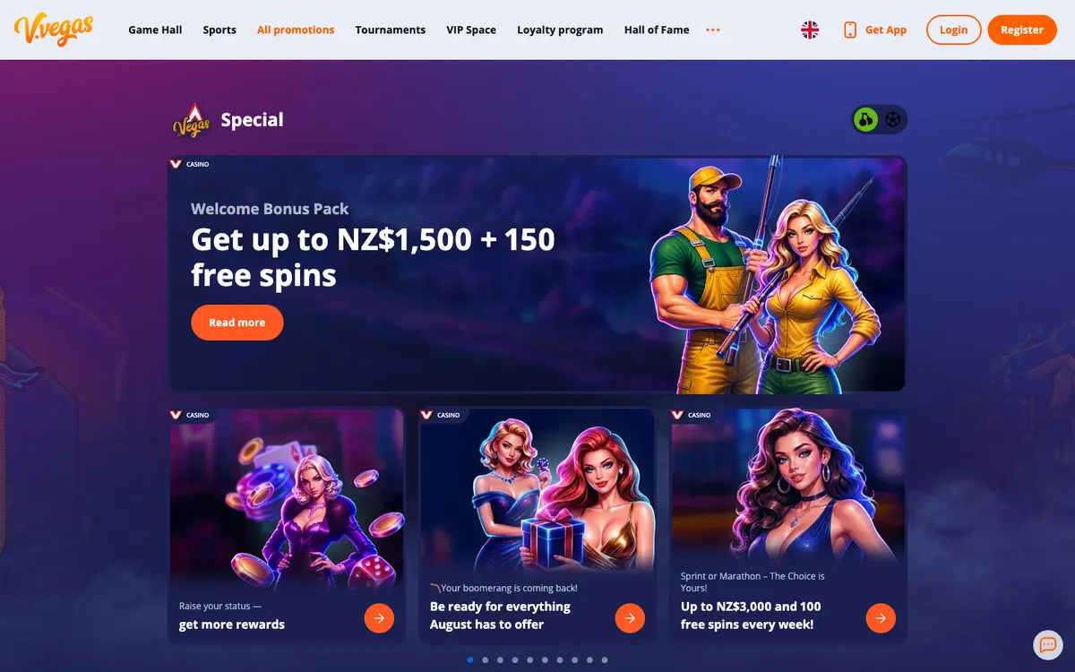 V.Vegas Casino — «Акции», снято из страны Новая Зеландия