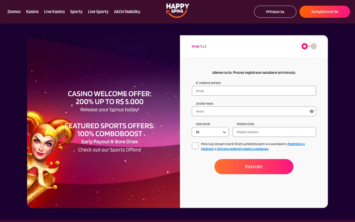 HappySpins Casino — Sign-up, captured from Czechia