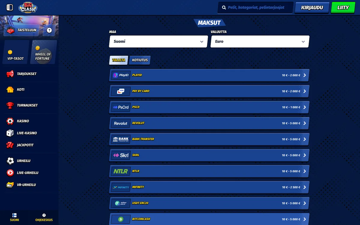 BigClash Casino — «Платежи», снято из страны Финляндия