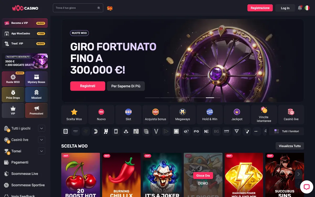 Woocasino — Home page, captured from Italy