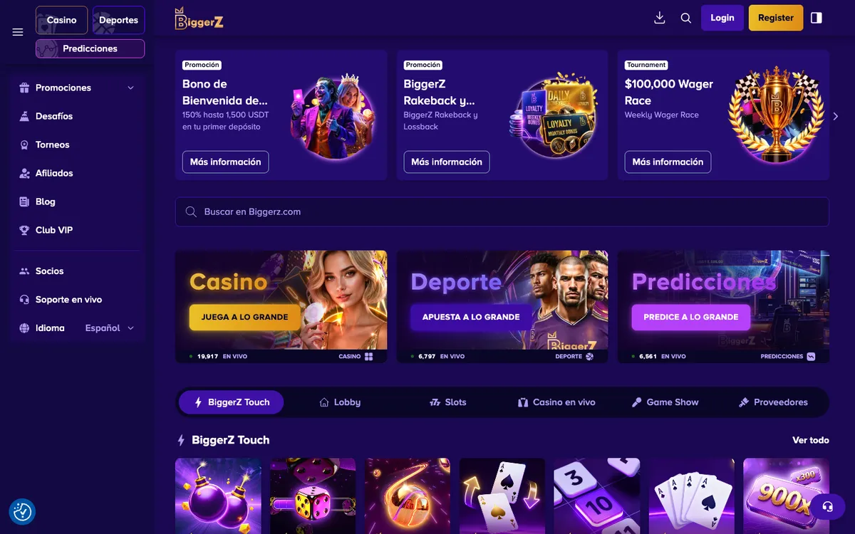 BiggerZ Casino — Home page, captured from Spain