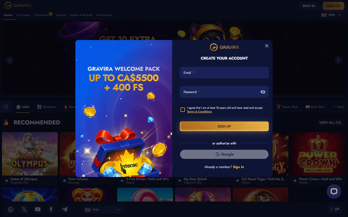 Gravira Casino — «Регистрация», снято из страны Канада