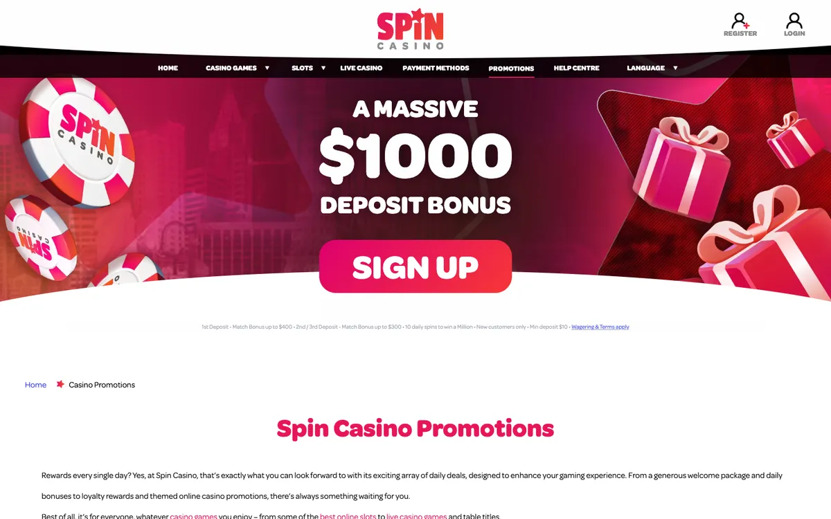 Spin Casino — Promotions, captured from Norway