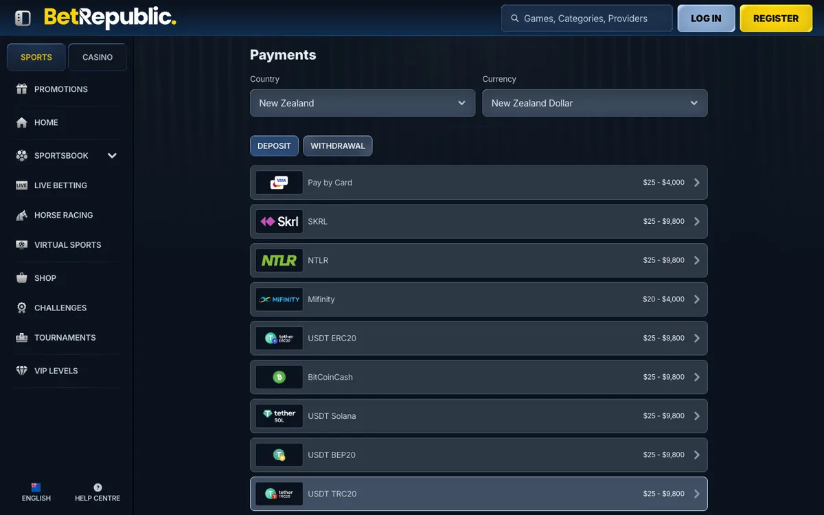 BetRepublic Casino — Payments, captured from New Zealand