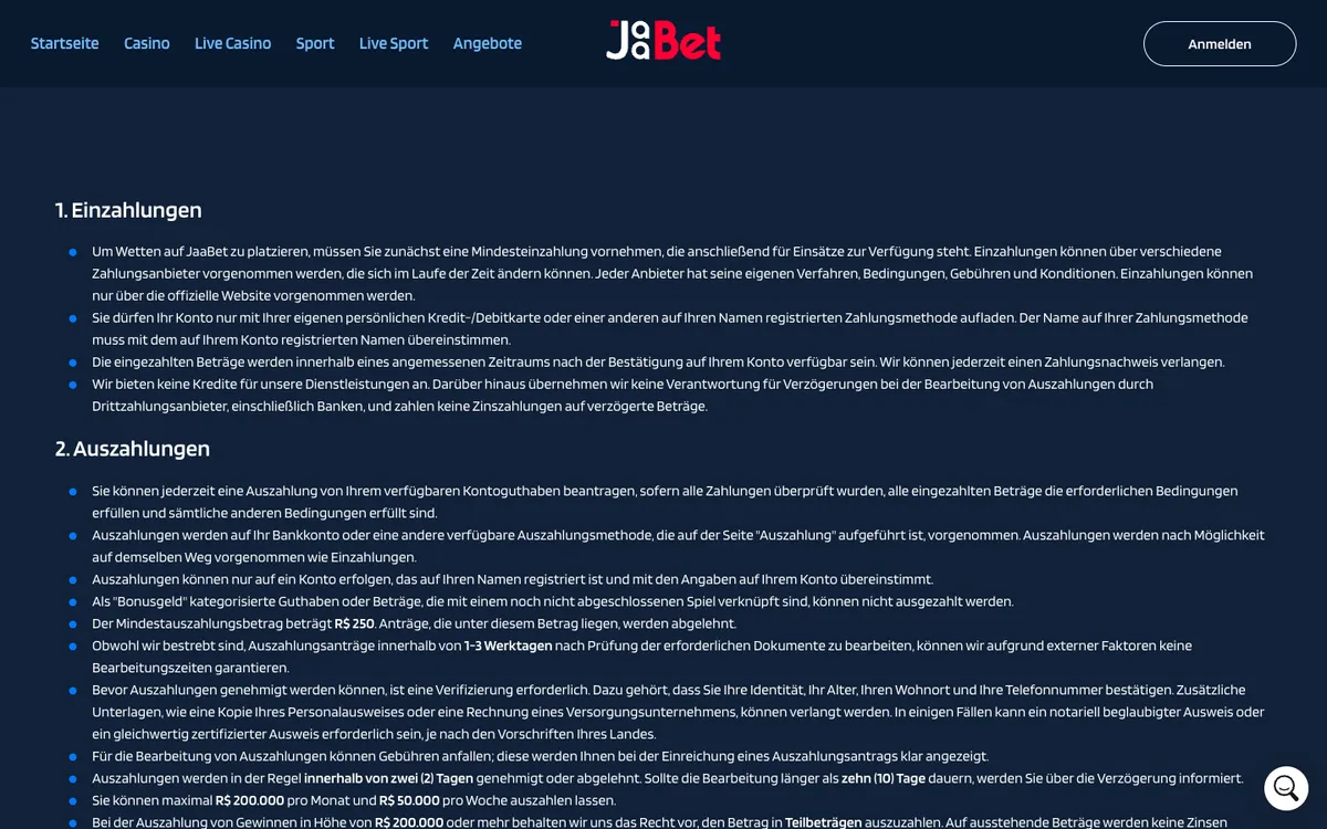 JaaBet Casino — «Платежи», снято из страны Германия