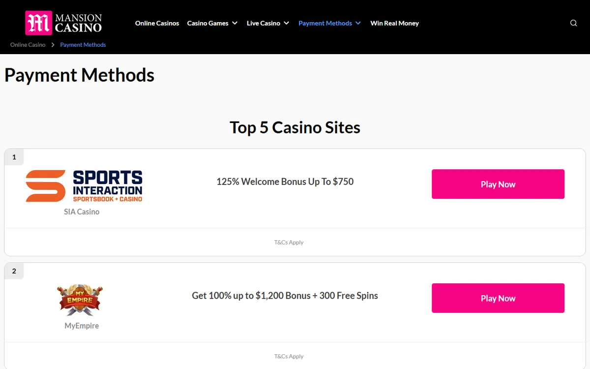 Mansion Casino — Payments, captured from Canada