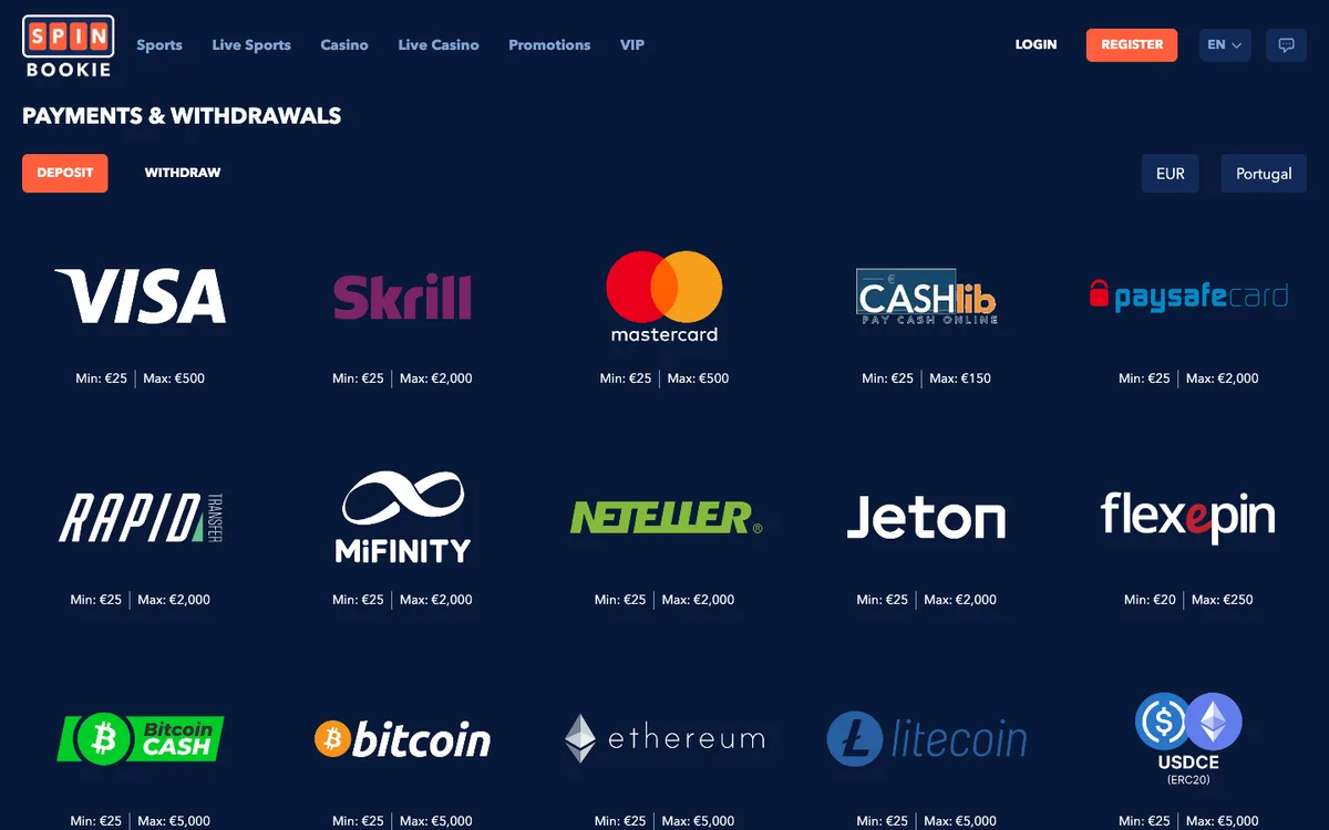 Spinbookie Casino — Payments, captured from Portugal