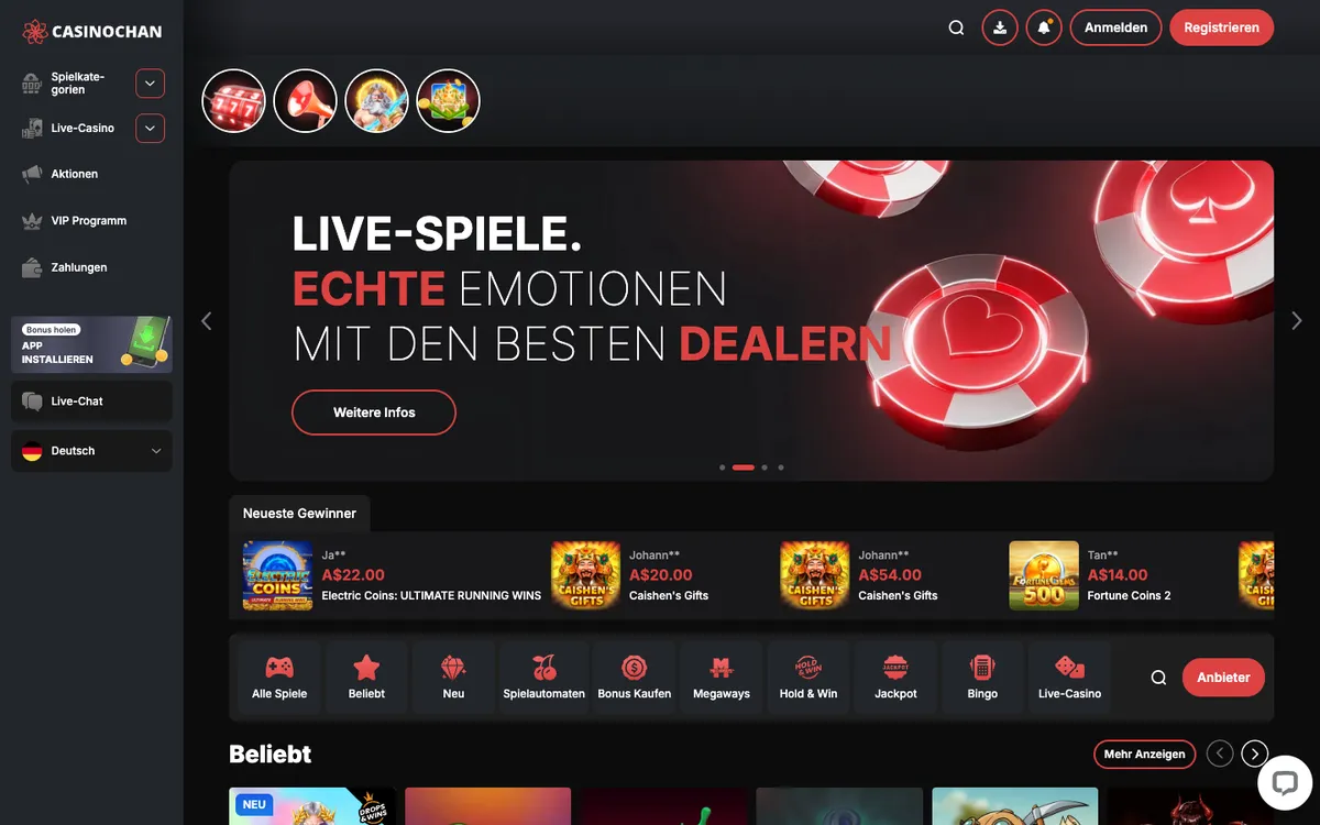 CasinoChan — Home page, captured from Germany