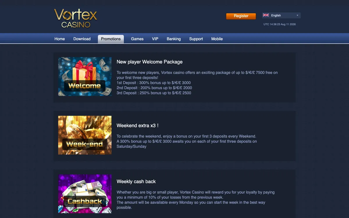 Vortex Casino — «Акции», снято из страны Австралия