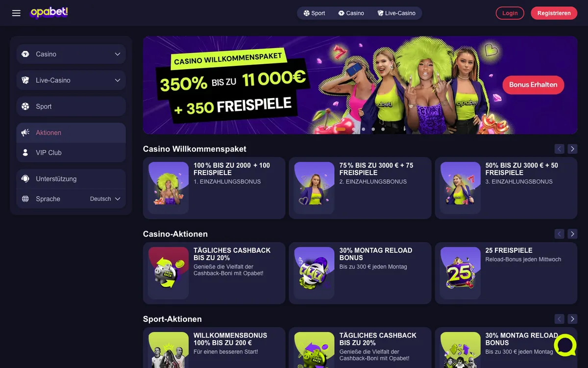 Opabet Casino — Promotions, captured from Austria
