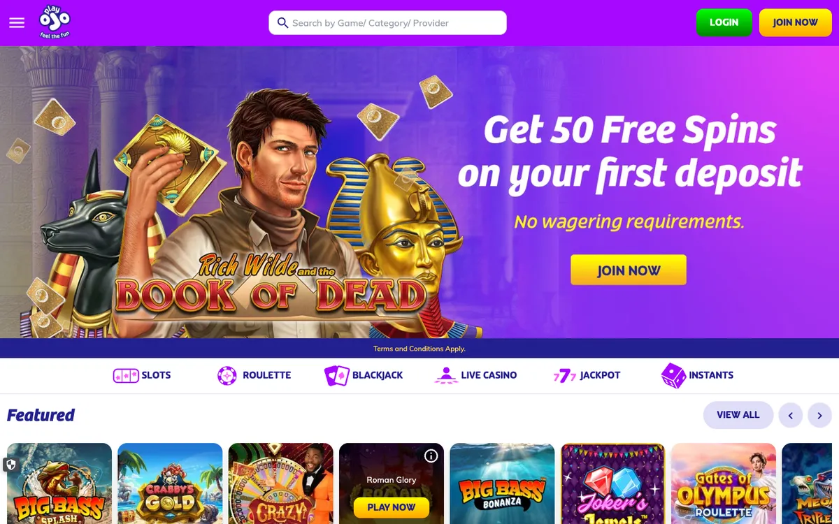 PlayOJO Casino — Home page, captured from South Africa