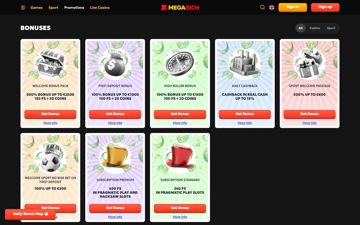 Megarich Casino — Promotions, captured from Norway