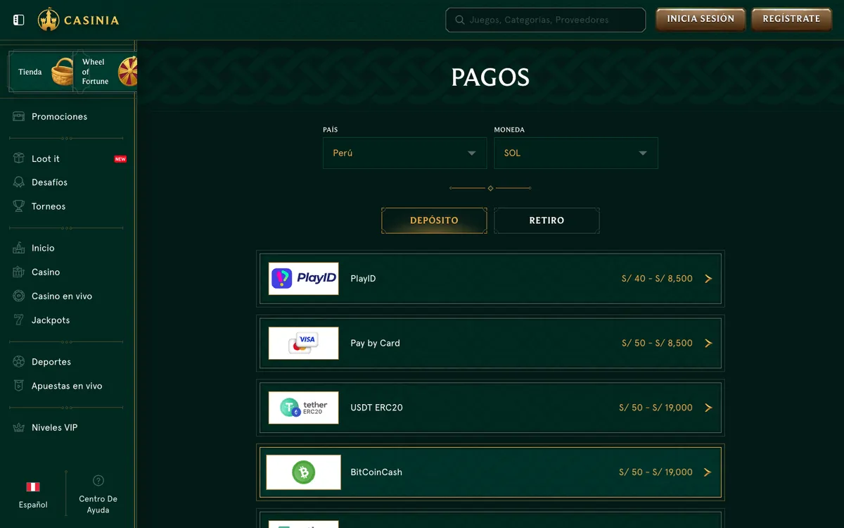 Casinia Casino — Payments, captured from Peru