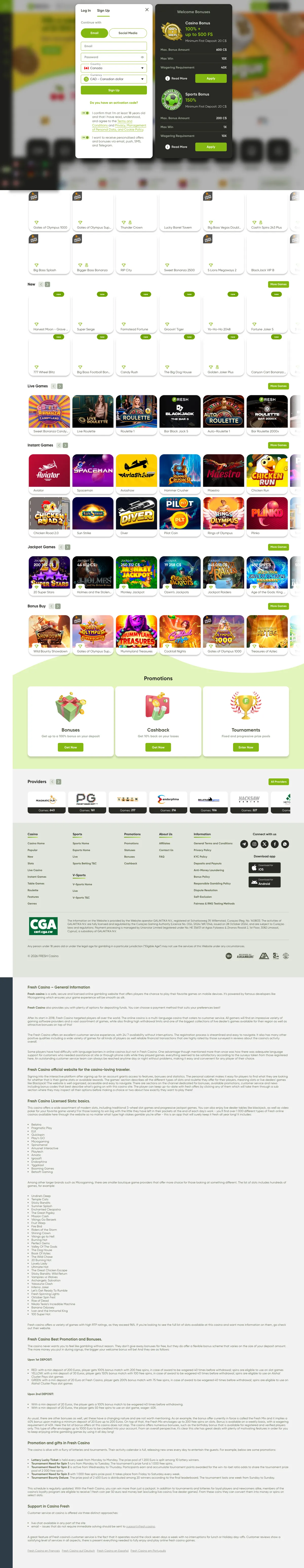 Fresh Casino — Home page, captured from Canada