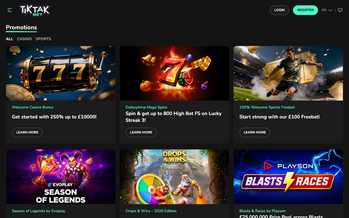 TikTak Bet Casino — Promotions, captured from United Kingdom