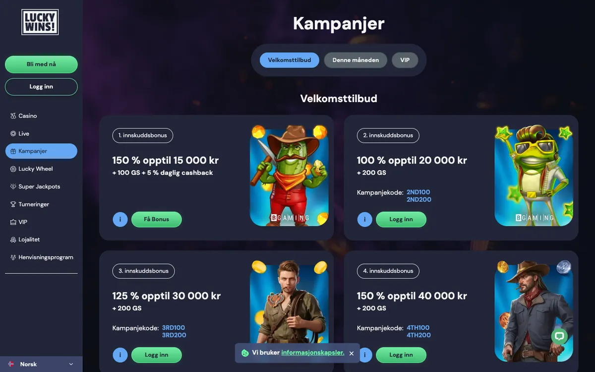 LuckyWins Casino — Promotions, captured from Norway