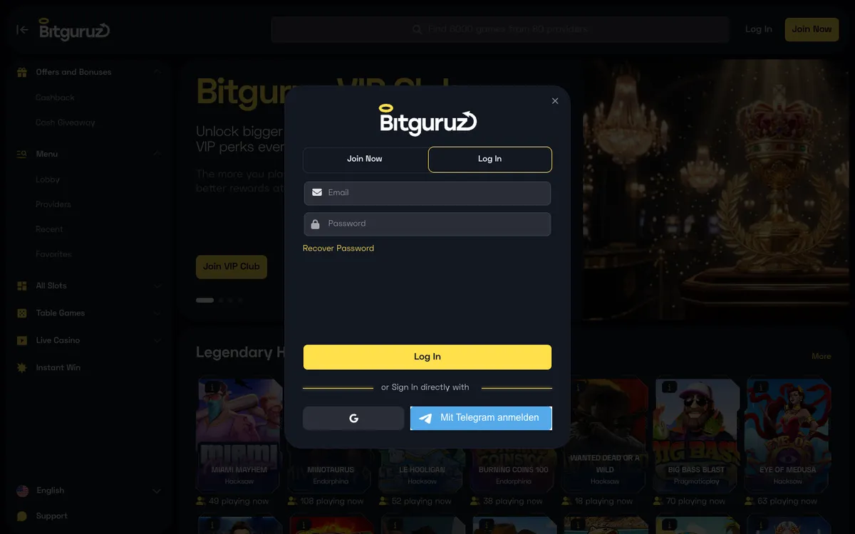 Bitguruz Casino — Sign-up, captured from Austria