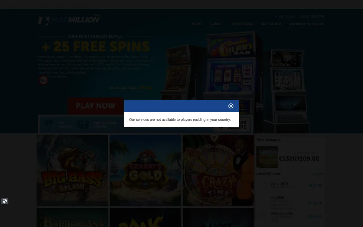 Play Million Casino — Sign-up, captured from Slovenia