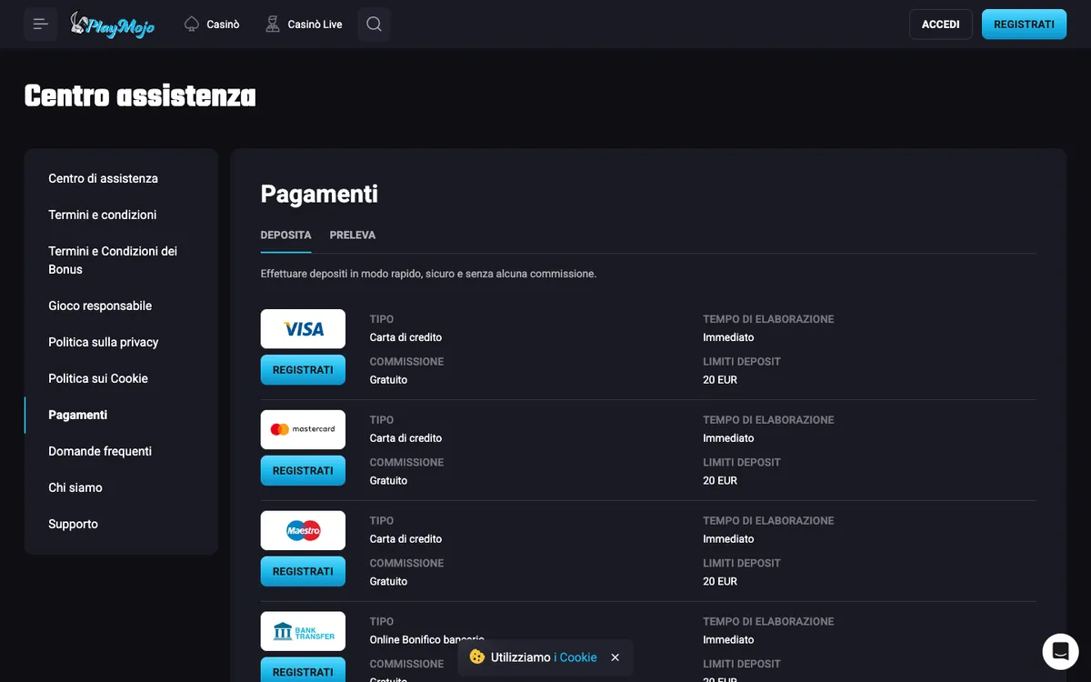PlayMojo Casino — «Платежи», снято из страны Италия