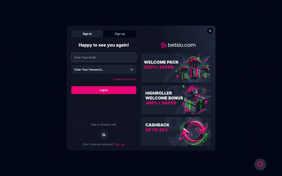 Betsio Casino — Sign-up, captured from United Kingdom