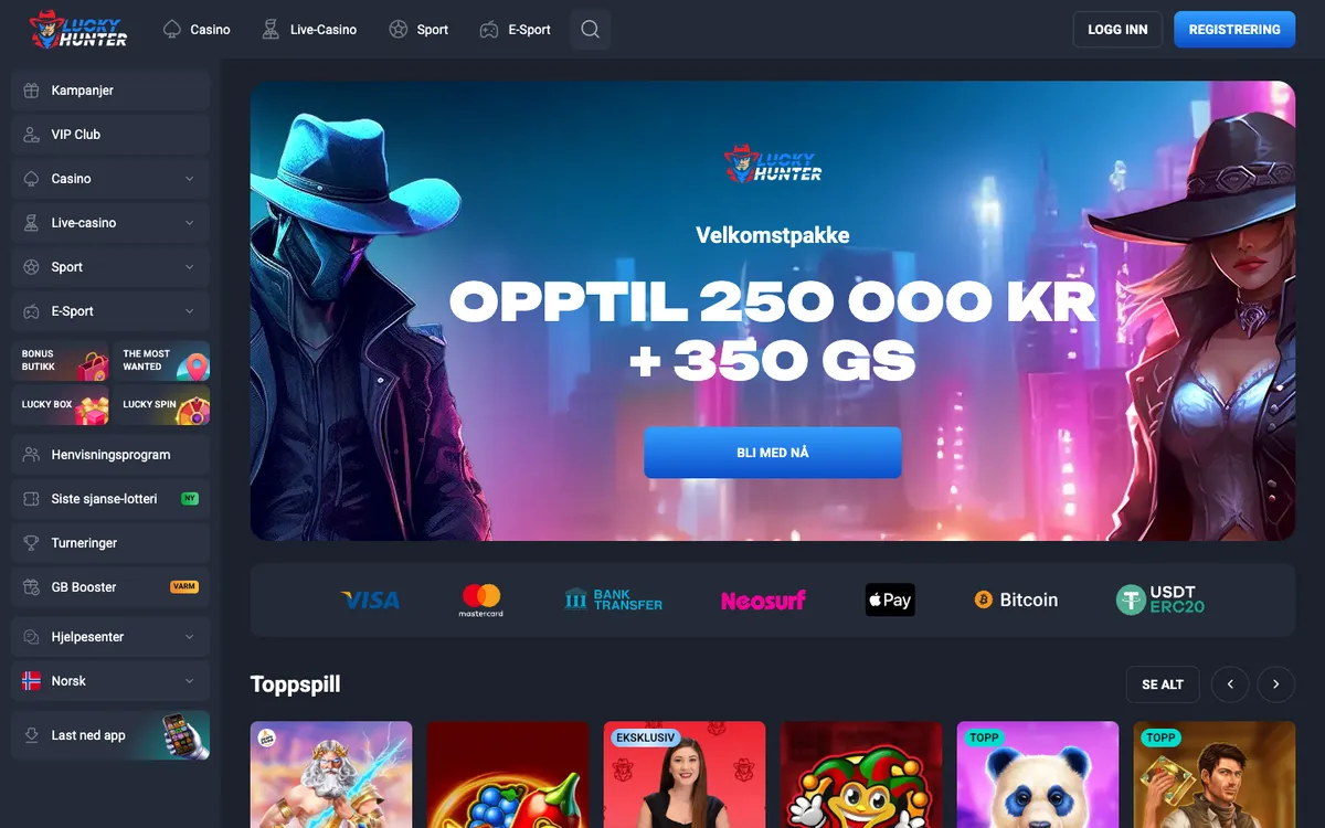 Lucky Hunter Casino — «Главная», снято из страны Норвегия