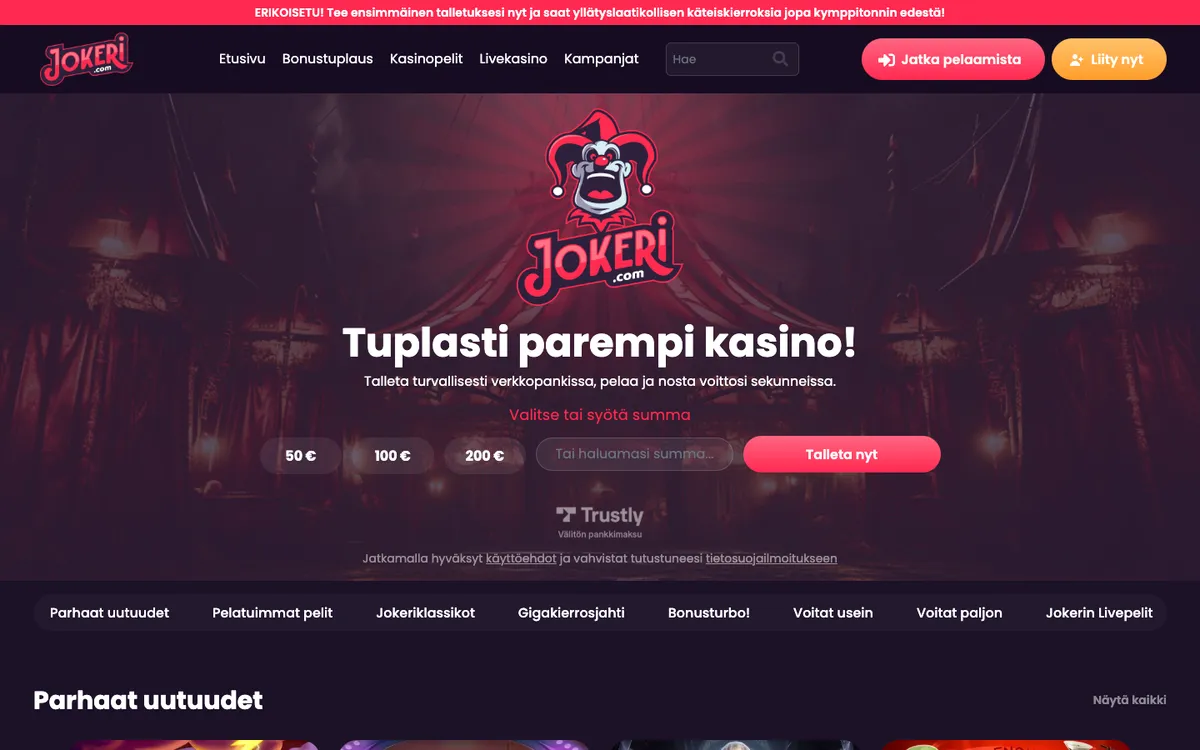 Jokeri Casino — Home page, captured from Estonia