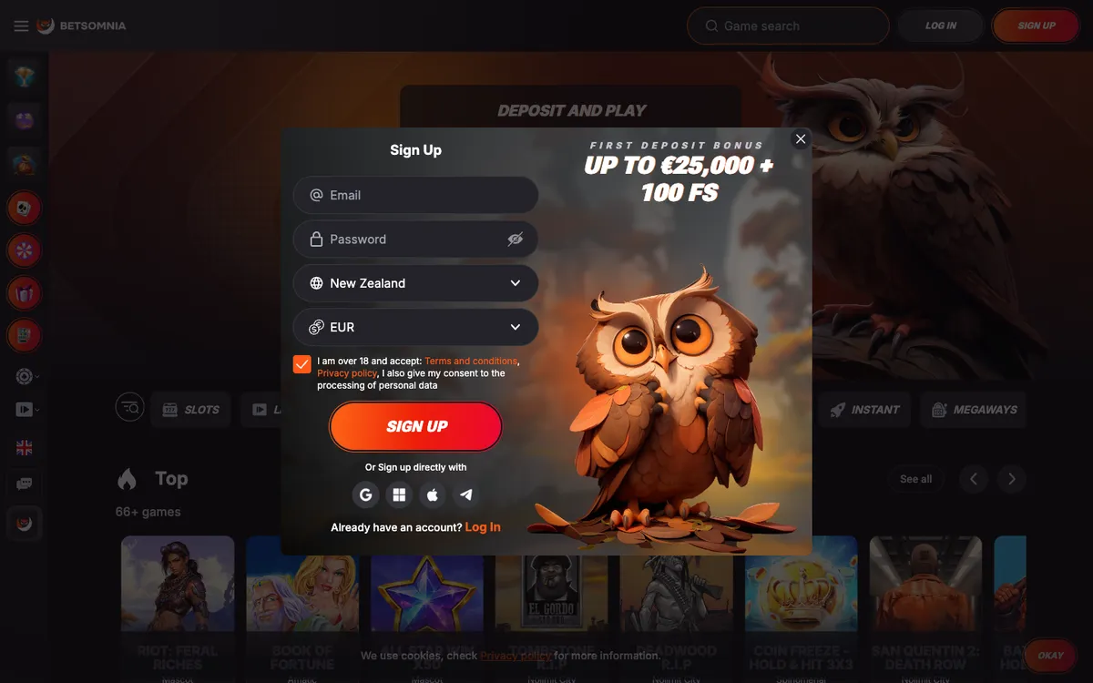 Betsomnia Casino — Sign-up, captured from New Zealand