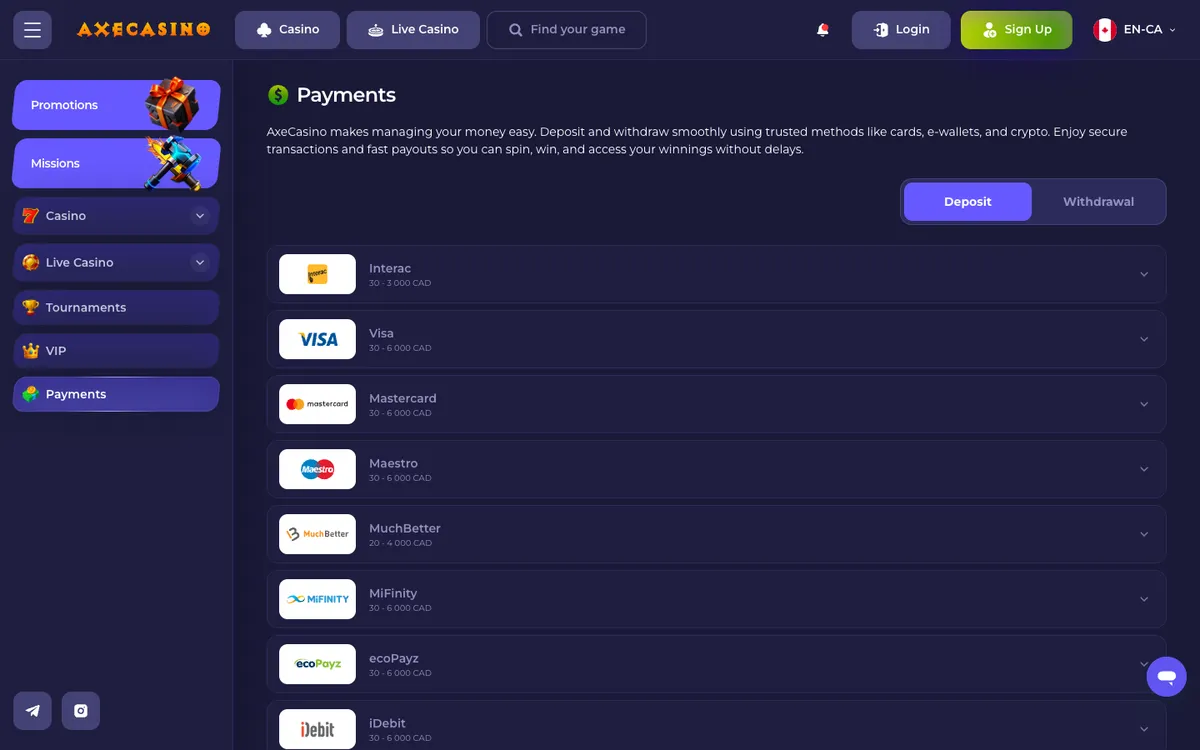 Axecasino — «Платежи», снято из страны Канада