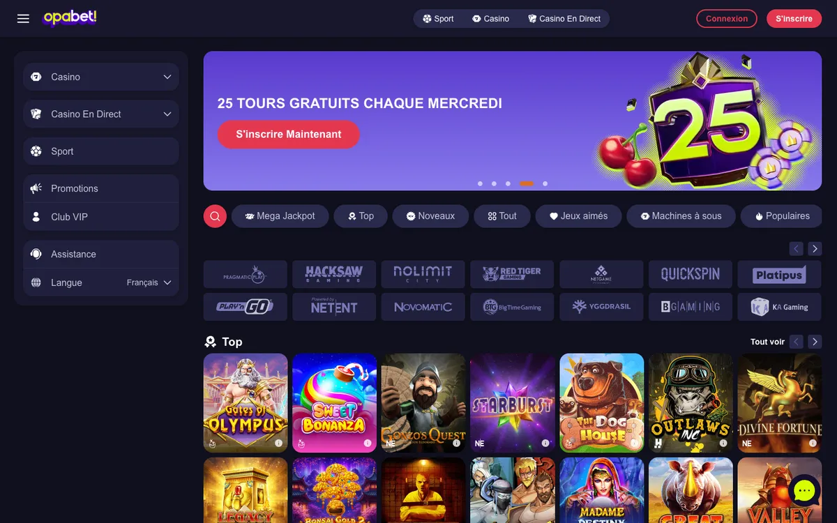 Opabet Casino — Home page, captured from France