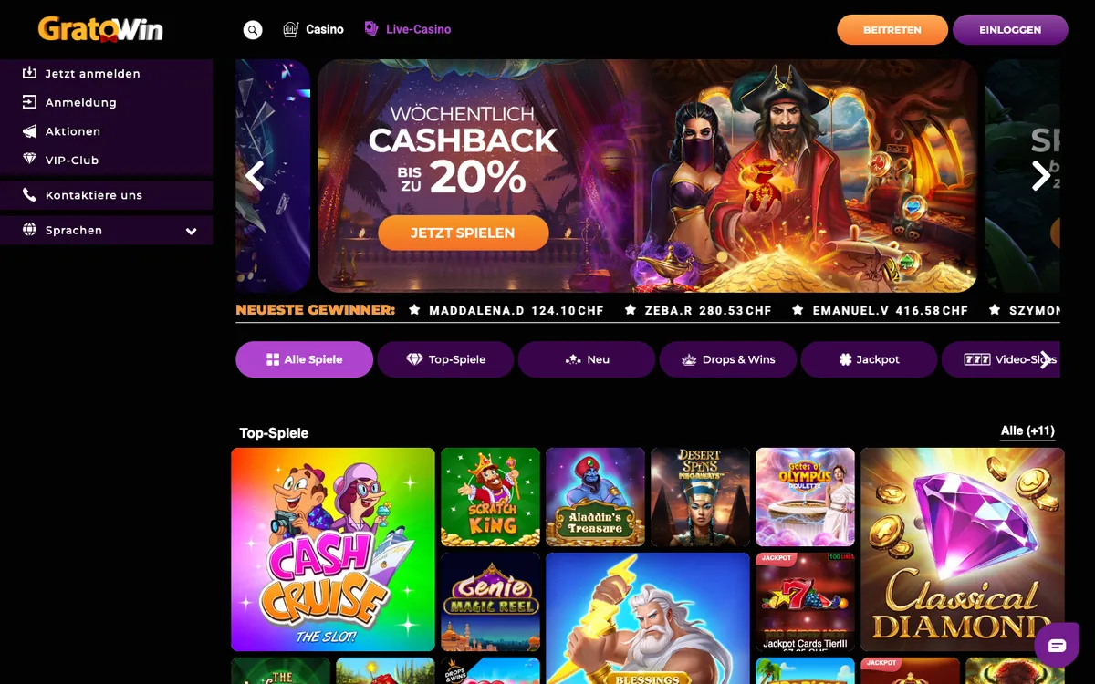 GratoWin Casino — Home page, captured from Switzerland