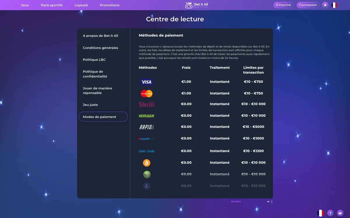 Bet It All Casino — Payments, captured from France