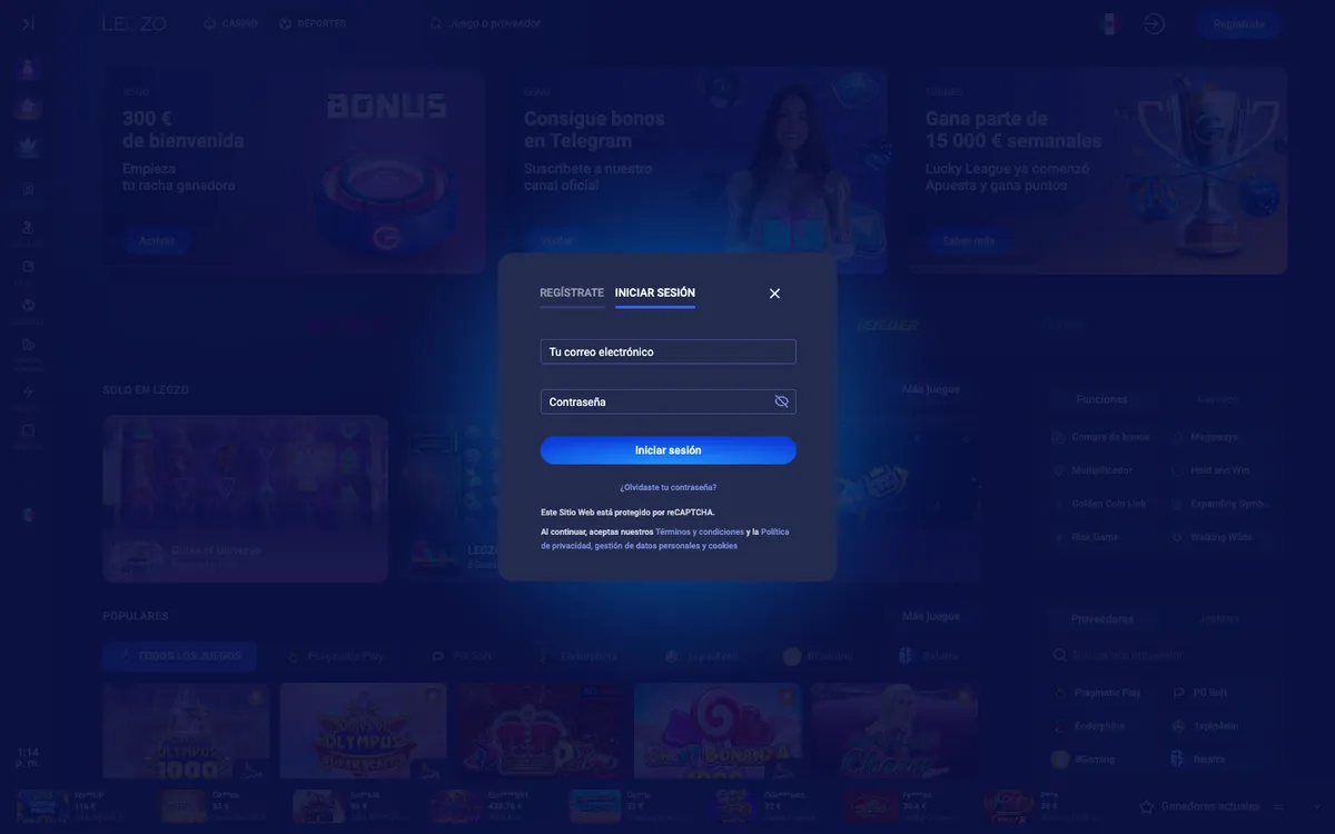 Legzo Casino — Home page, captured from Spain