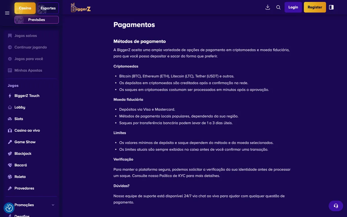 BiggerZ Casino — «Платежи», снято из страны Бразилия