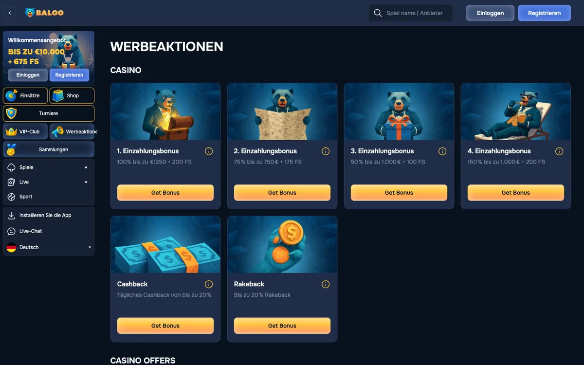 Baloo.bet Casino — Promotions, captured from Austria