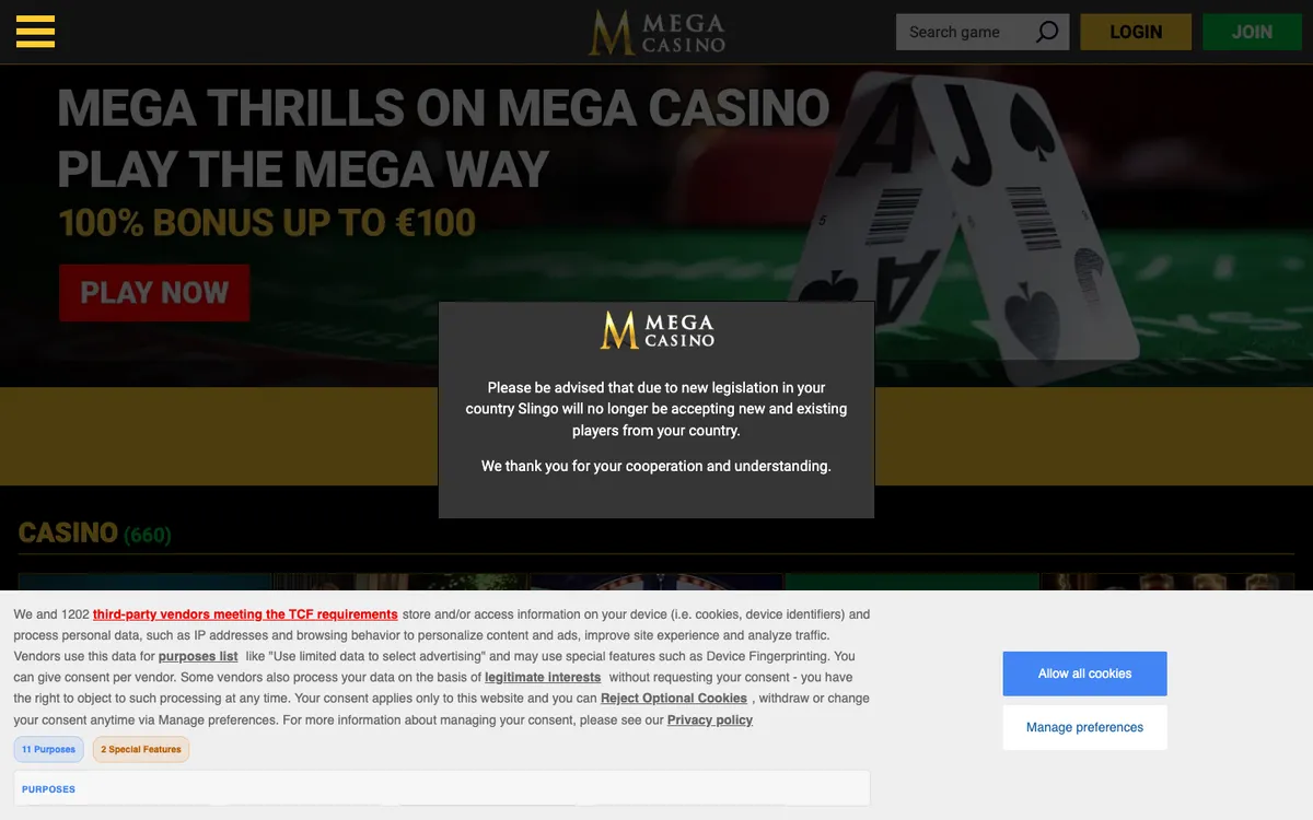 Mega Casino — Home page, captured from Australia