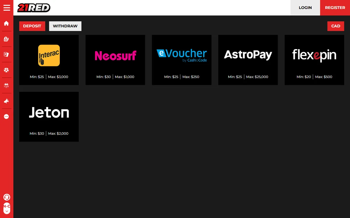 21.red Casino — Payments, captured from Canada