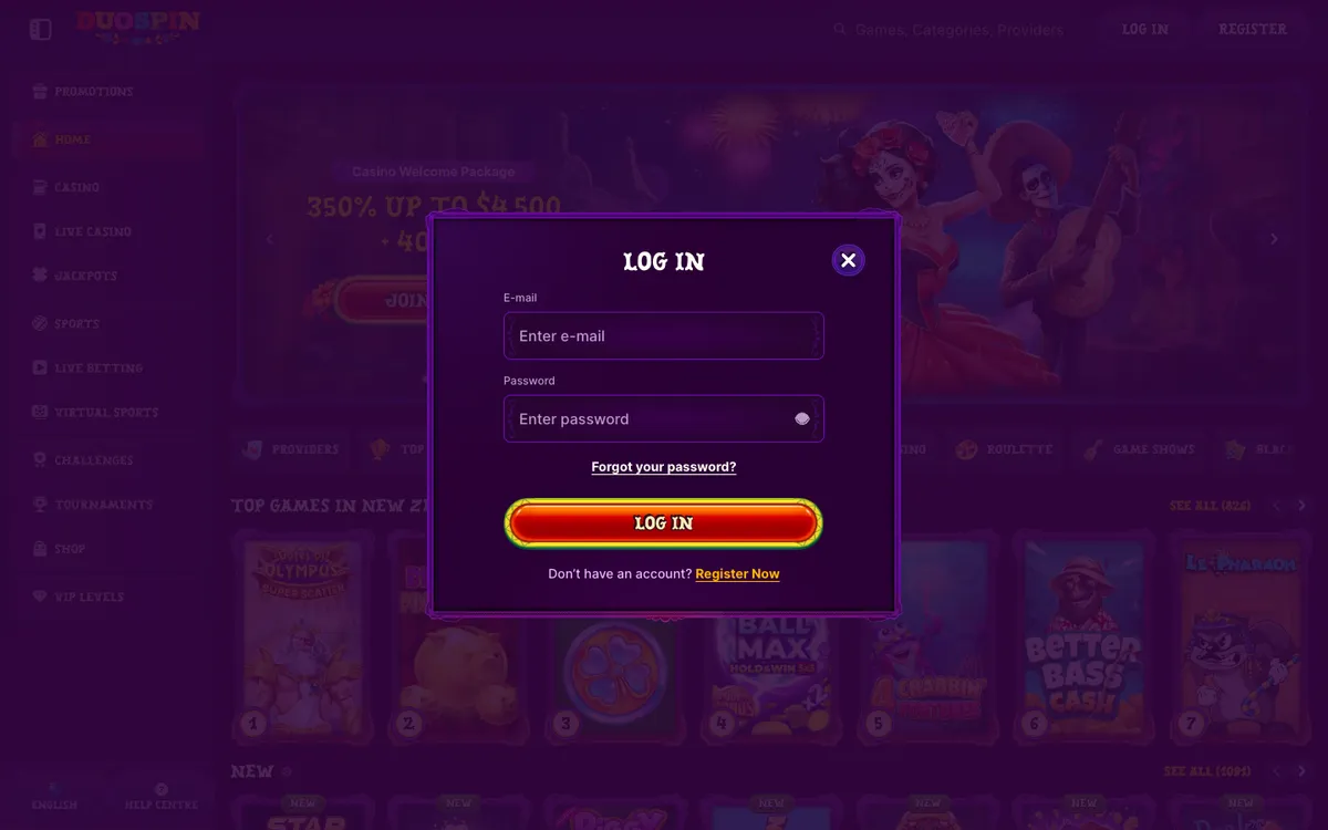Duospin Casino — Sign-up, captured from New Zealand