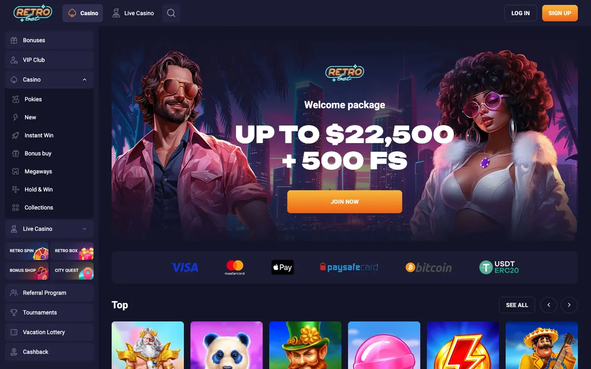 Retro Bet Casino — Home page, captured from New Zealand