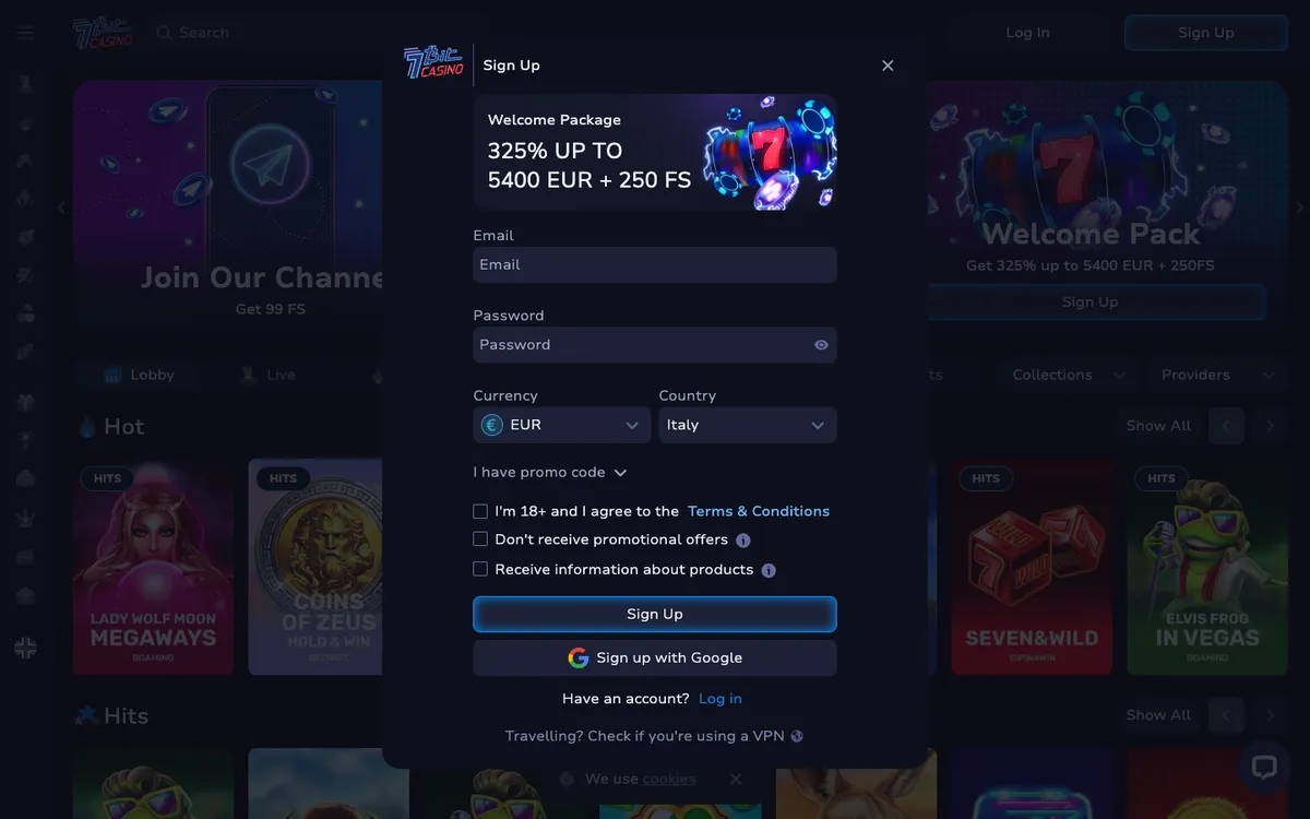 7BitCasino — «Регистрация», снято из страны Италия